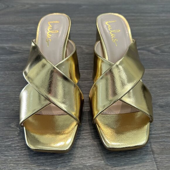 NEW Lulus SZ 8.5 Ybarra Gold High Block Heel Sandals Metallic Vegan Criss Cross - Picture 5 of 10